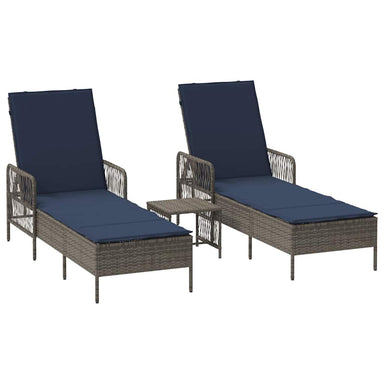 Ligstoel 3 st poly rattan Grijs en Marineblauw