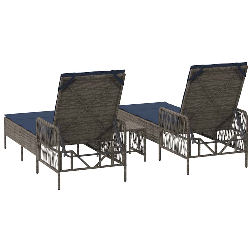 Ligstoel 3 st poly rattan Grijs en Marineblauw