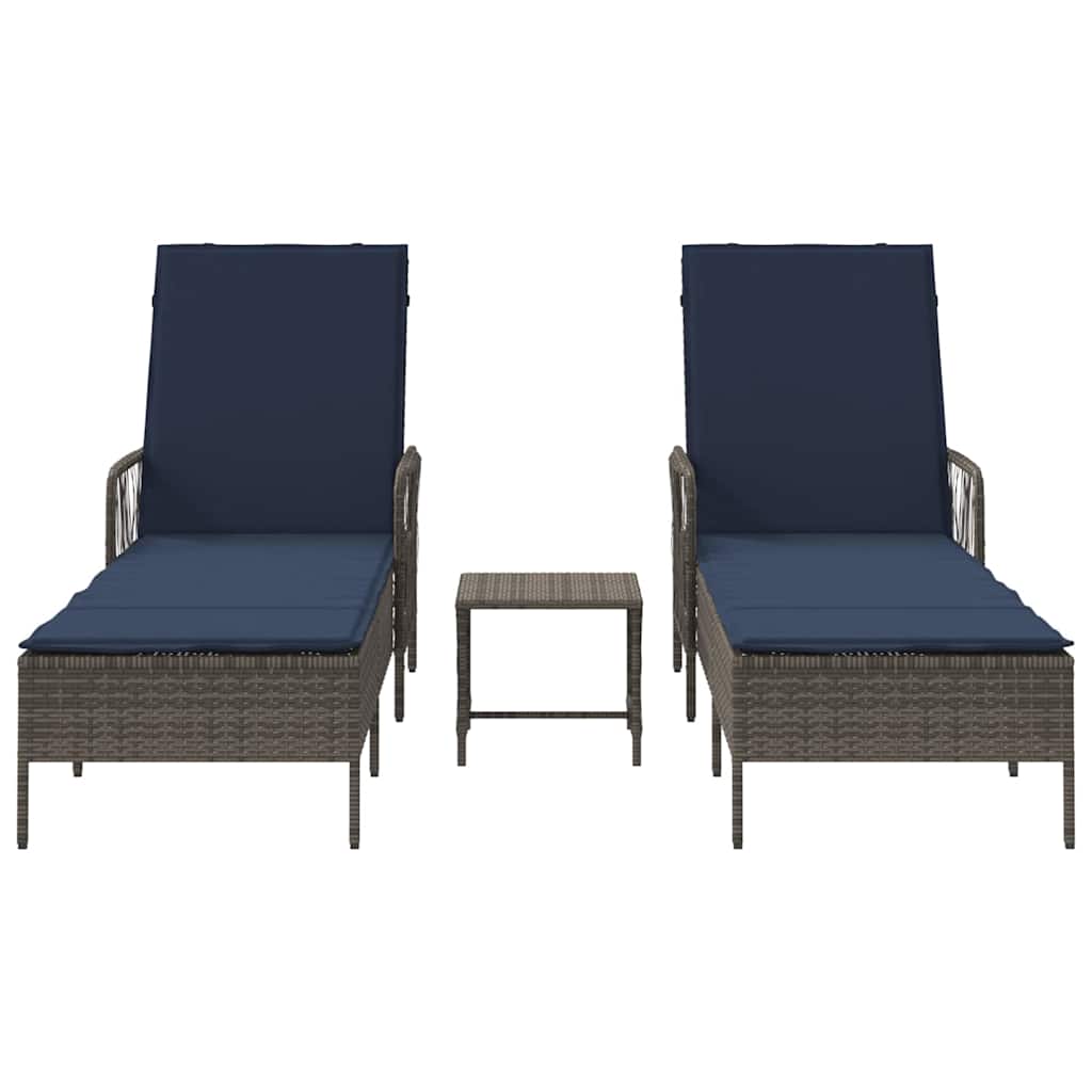 Ligstoel 3 st poly rattan Grijs en Marineblauw