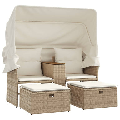 Tuinbank 2-zits met luifel en voetenbanken poly rattan beige