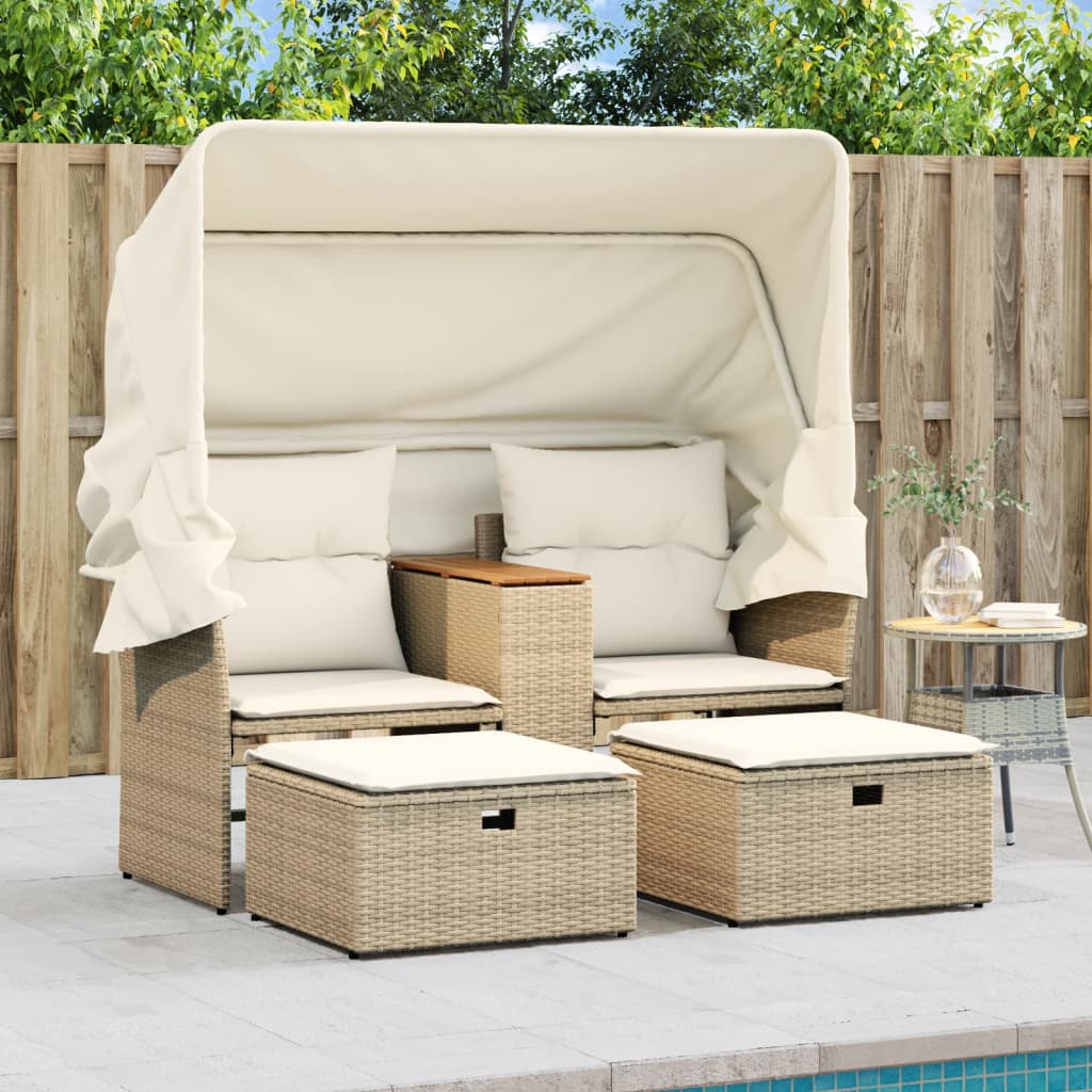 Tuinbank 2-zits met luifel en voetenbanken poly rattan beige