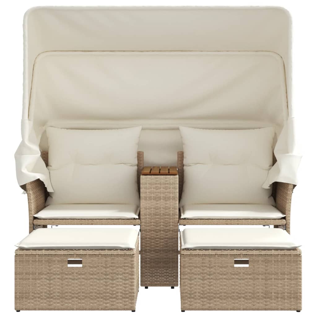 Tuinbank 2-zits met luifel en voetenbanken poly rattan beige