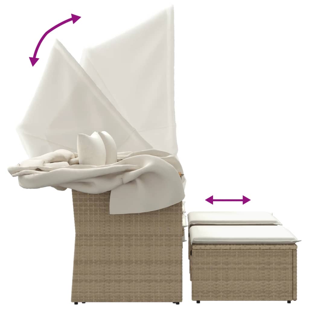 Tuinbank 2-zits met luifel en voetenbanken poly rattan beige