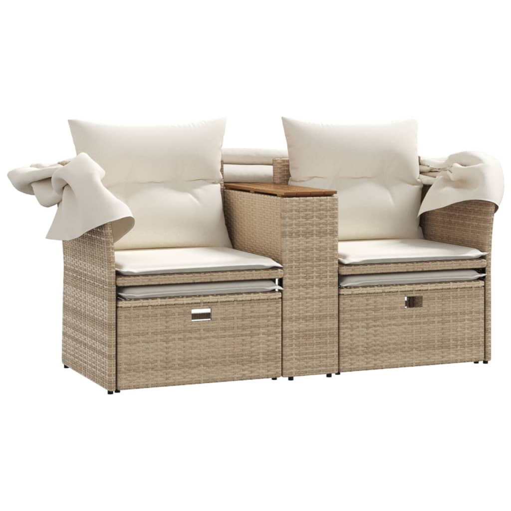 Tuinbank 2-zits met luifel en voetenbanken poly rattan beige