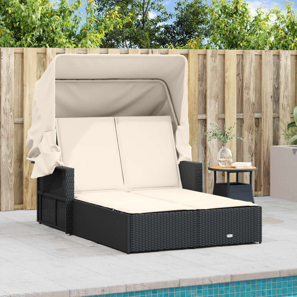 Ligbed 2-persoons met luifel en kussens poly rattan zwart