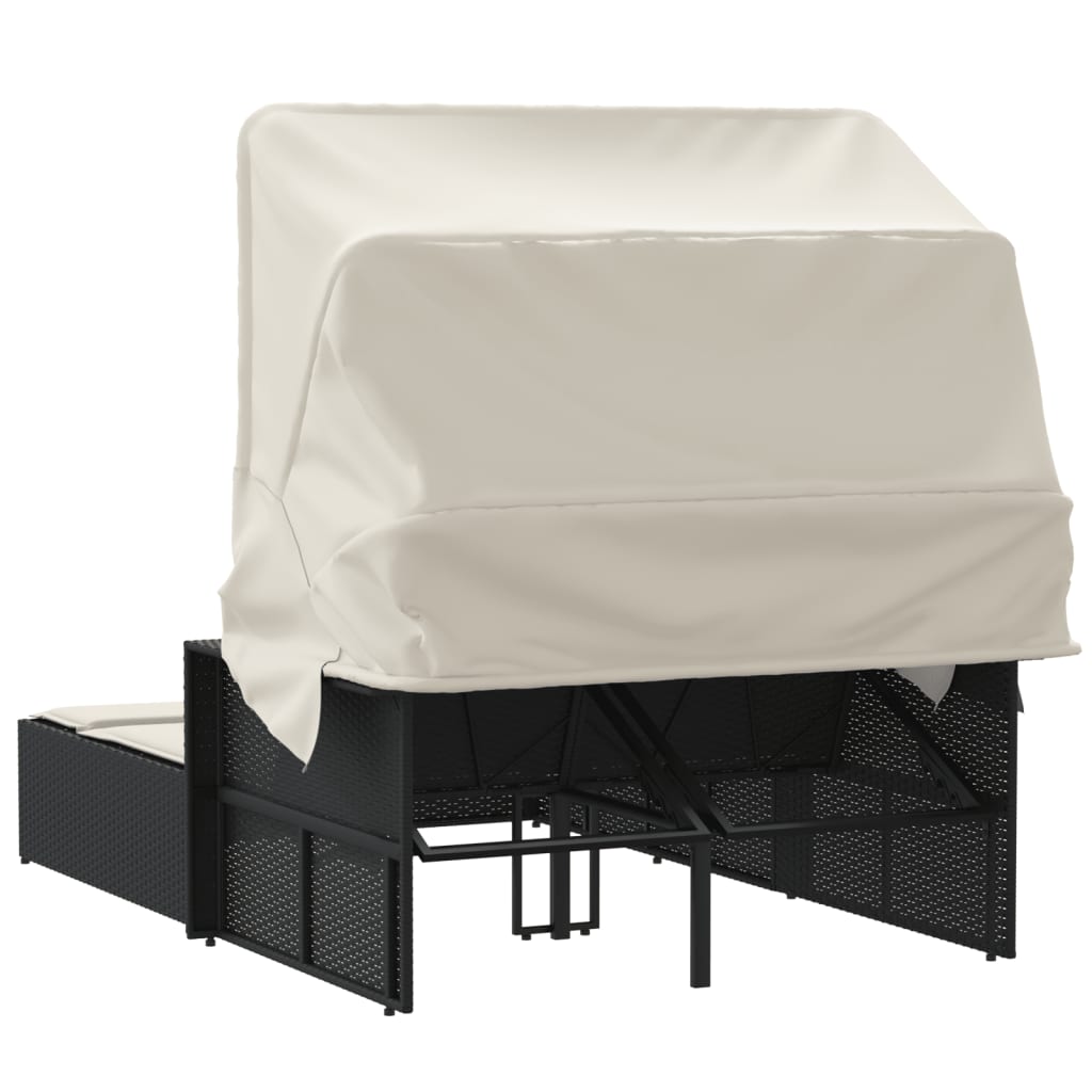 Ligbed 2-persoons met luifel en kussens poly rattan zwart