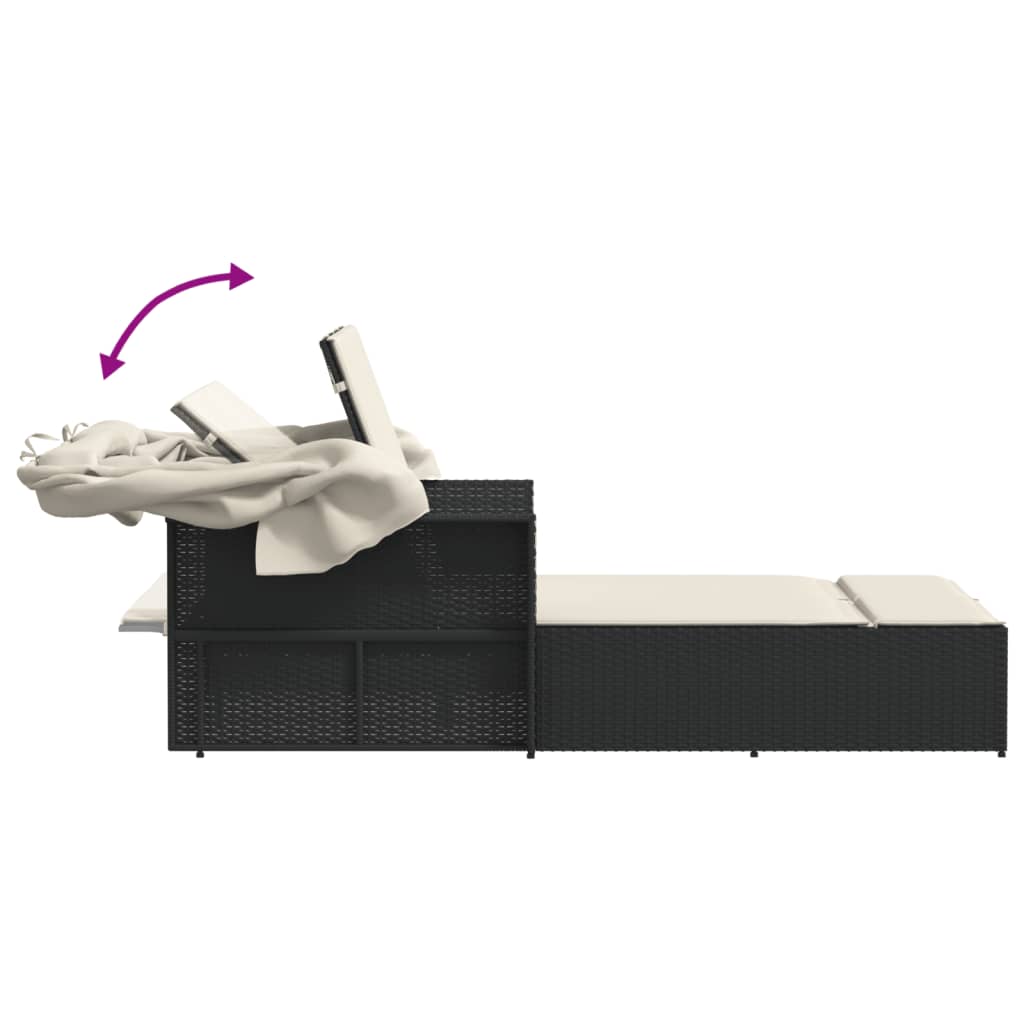 Ligbed 2-persoons met luifel en kussens poly rattan zwart