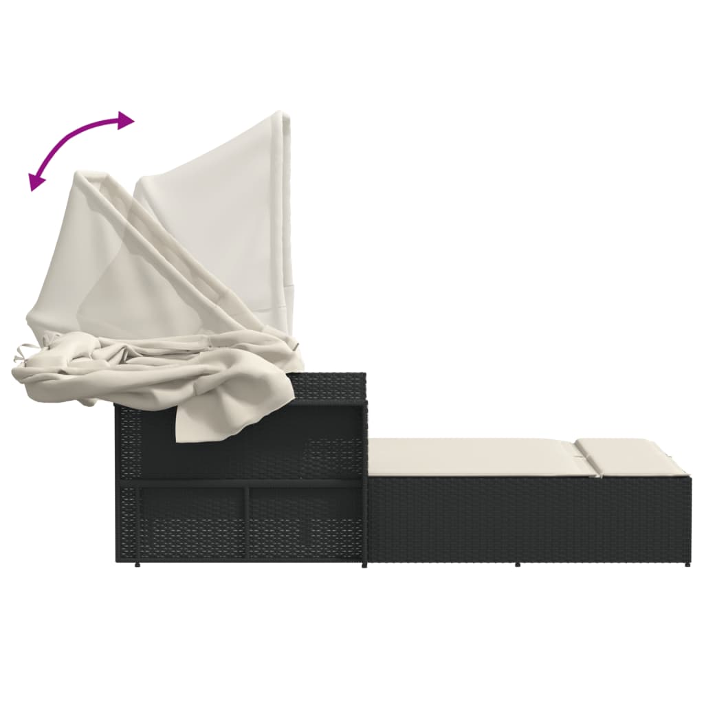 Ligbed 2-persoons met luifel en kussens poly rattan zwart