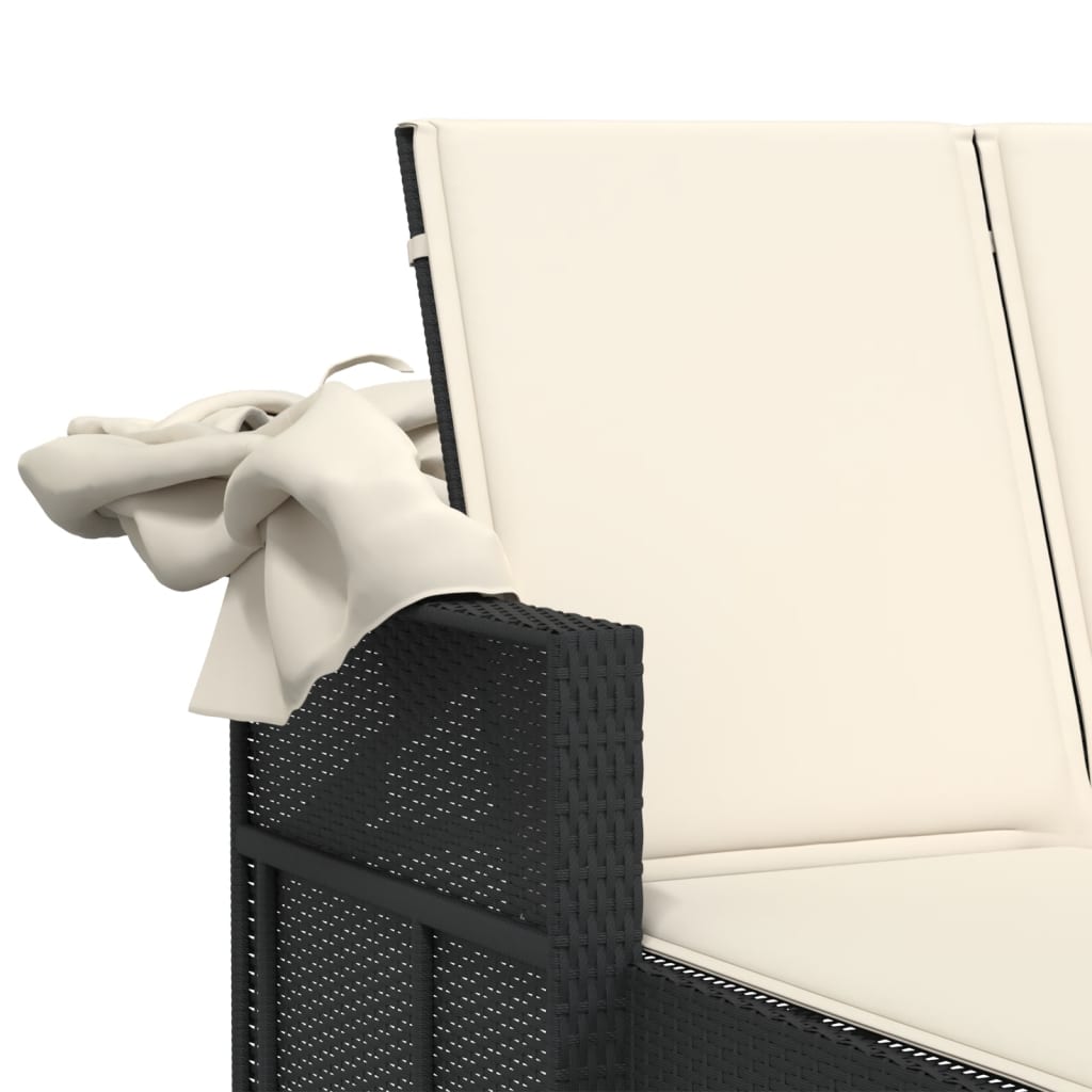 Ligbed 2-persoons met luifel en kussens poly rattan zwart