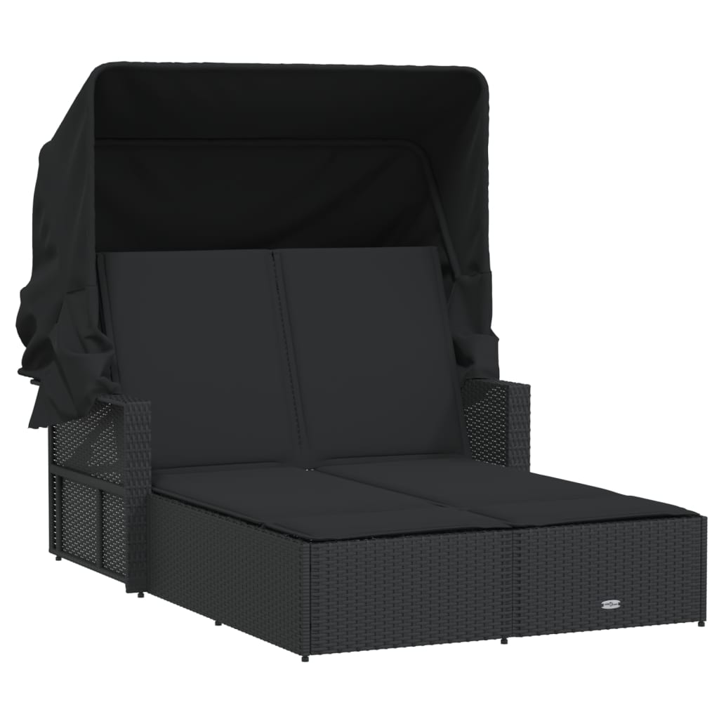 Ligbed 2-persoons met luifel en kussens poly rattan zwart