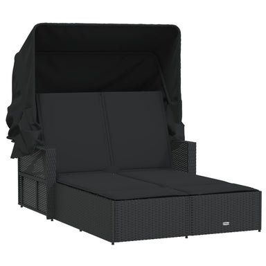 Ligbed 2-persoons met luifel en kussens poly rattan zwart