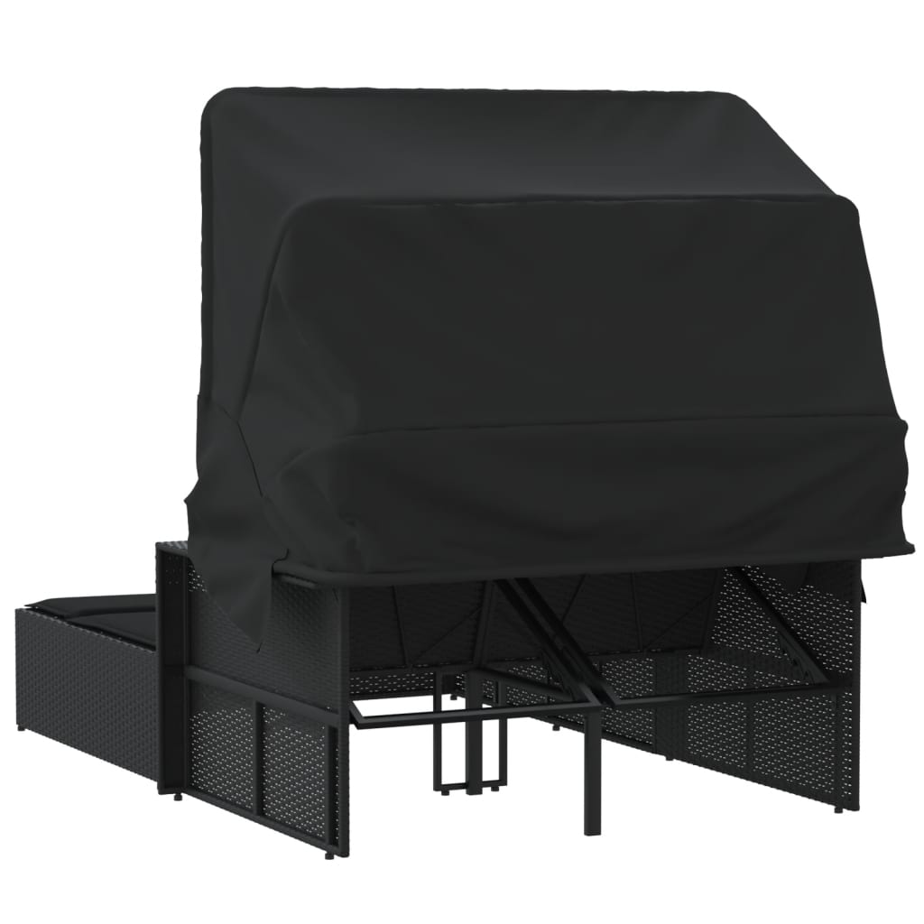 Ligbed 2-persoons met luifel en kussens poly rattan zwart