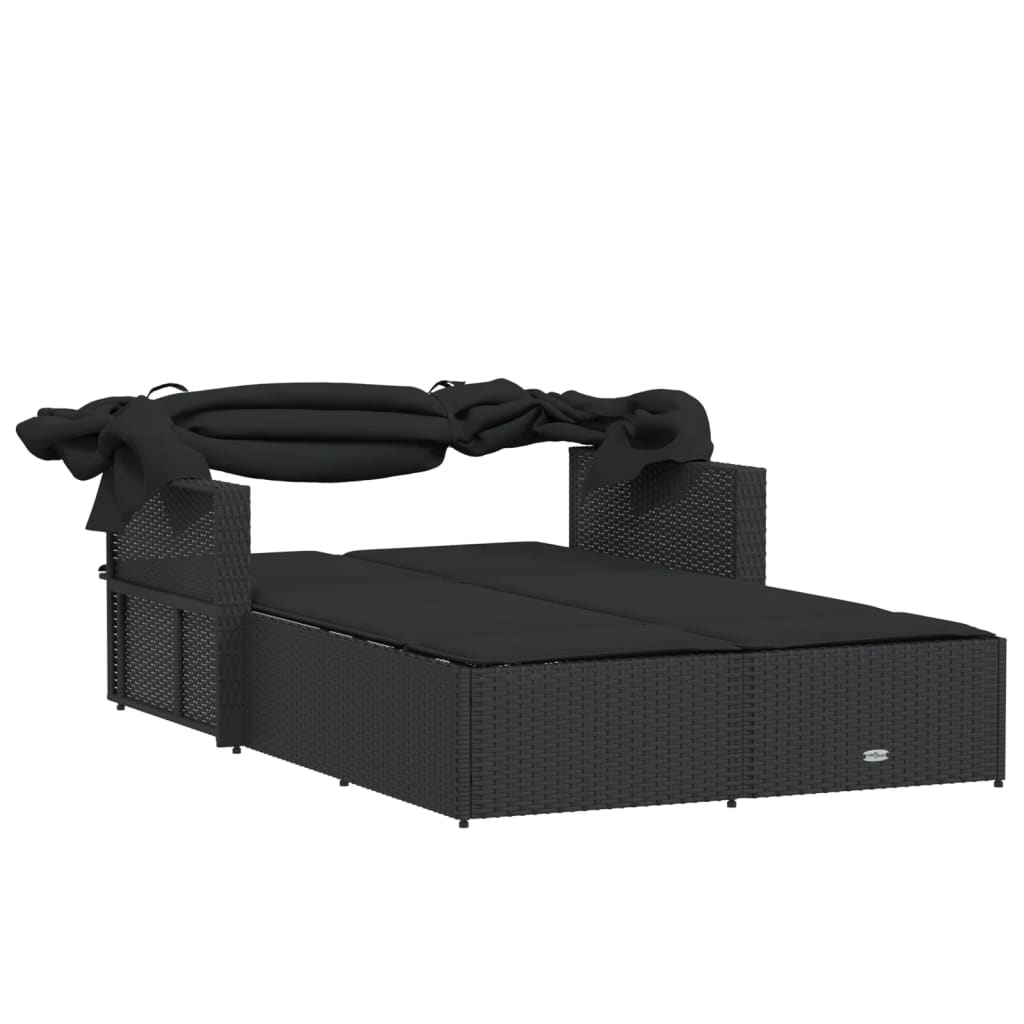 Ligbed 2-persoons met luifel en kussens poly rattan zwart