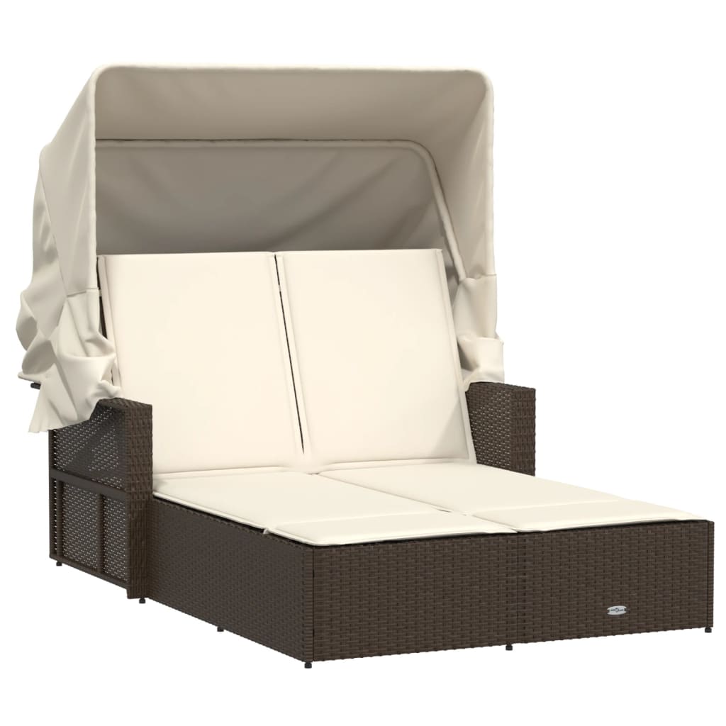 Ligbed 2-persoons met luifel en kussens poly rattan bruin