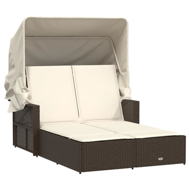 Ligbed 2-persoons met luifel en kussens poly rattan bruin