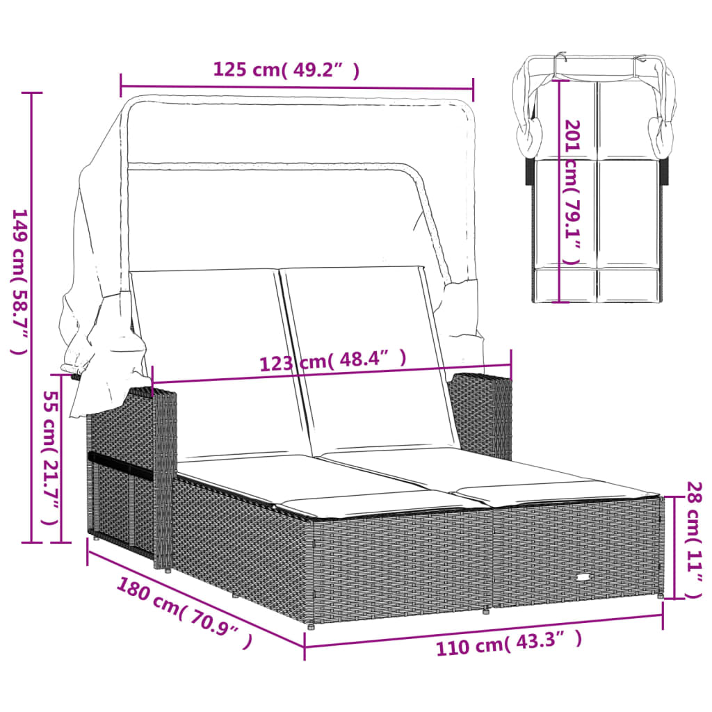 Ligbed 2-persoons met luifel en kussens poly rattan bruin