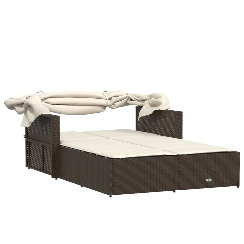 Ligbed 2-persoons met luifel en kussens poly rattan bruin