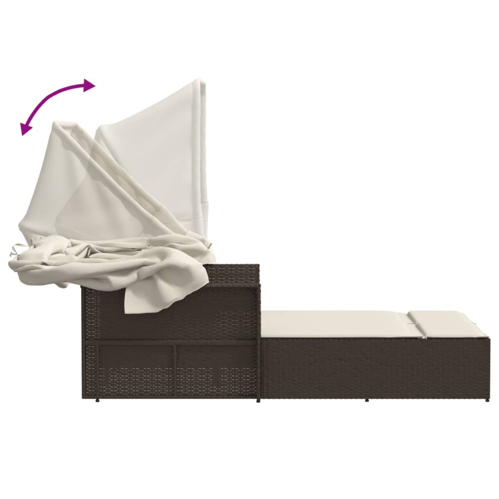 Ligbed 2-persoons met luifel en kussens poly rattan bruin