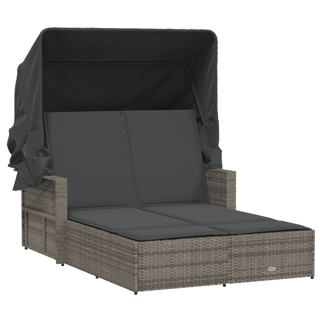 Ligbed 2-persoons met luifel en kussens poly rattan grijs