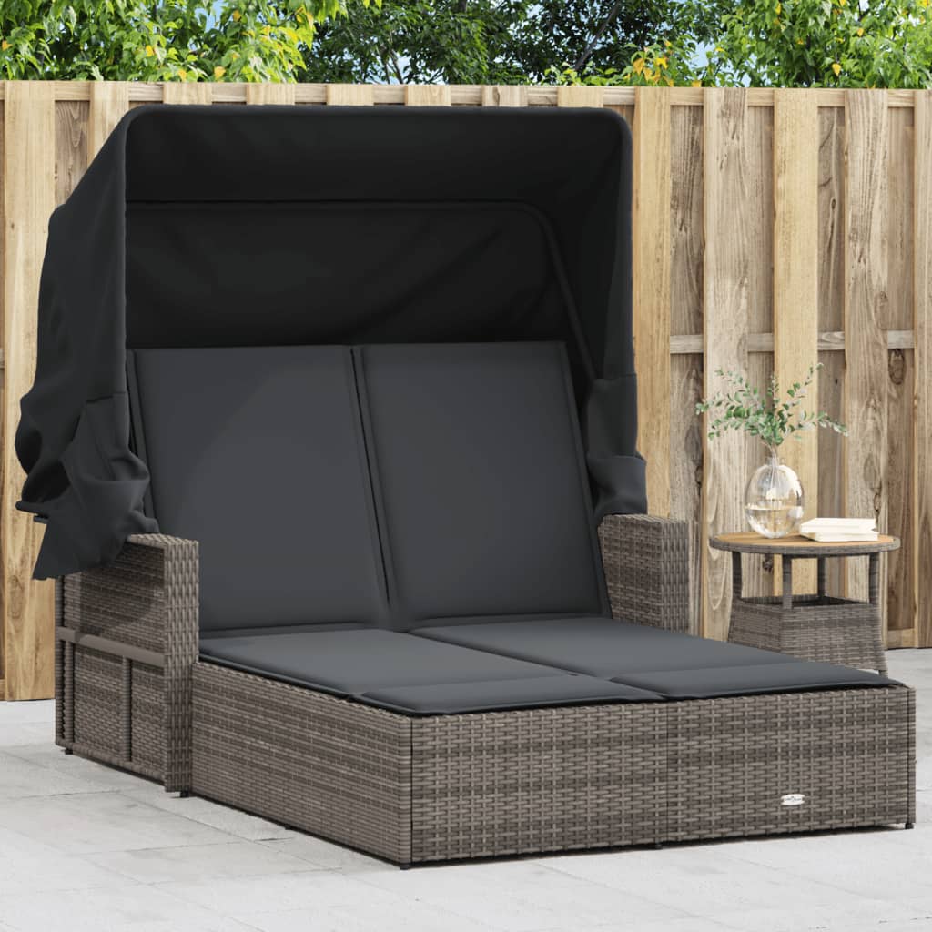 Ligbed 2-persoons met luifel en kussens poly rattan grijs