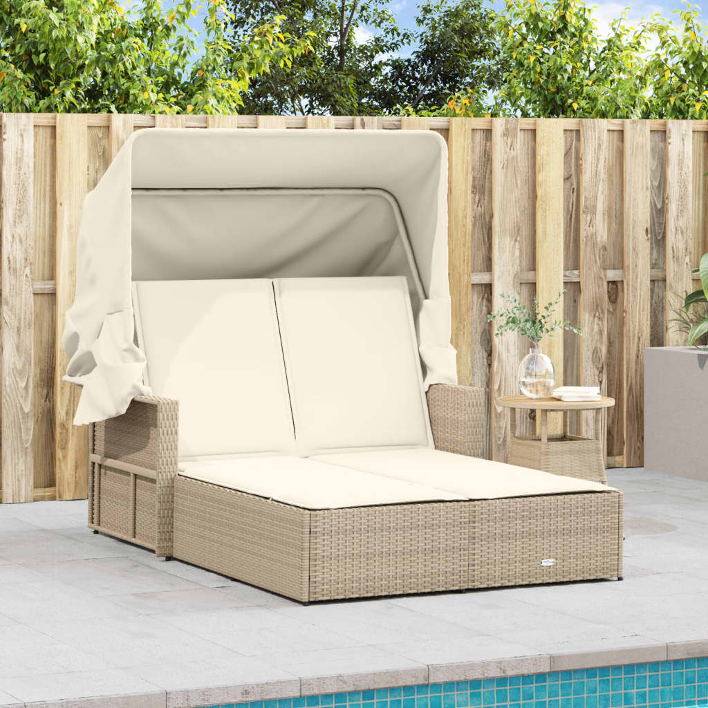 Ligbed 2-persoons met luifel en kussens poly rattan beige