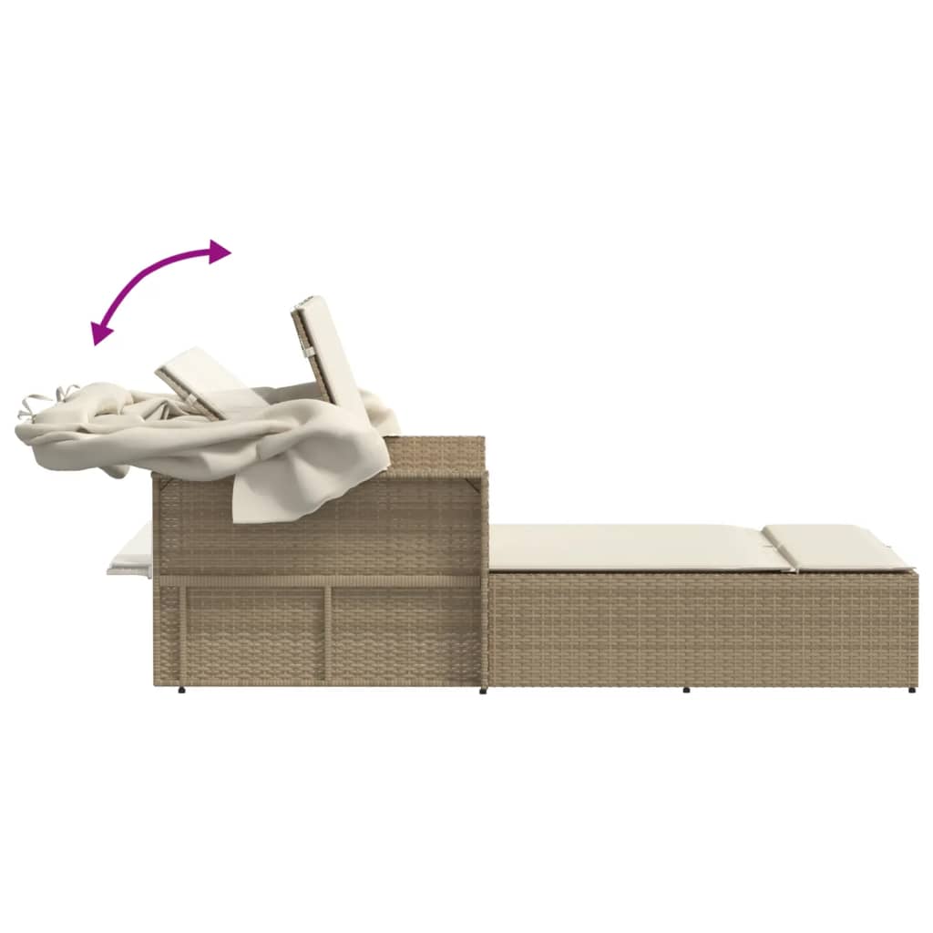 Ligbed 2-persoons met luifel en kussens poly rattan beige