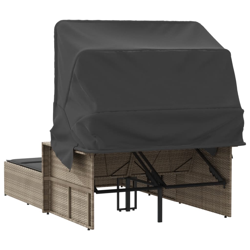 Ligbed 2-persoons met luifel en kussens poly rattan lichtgrijs
