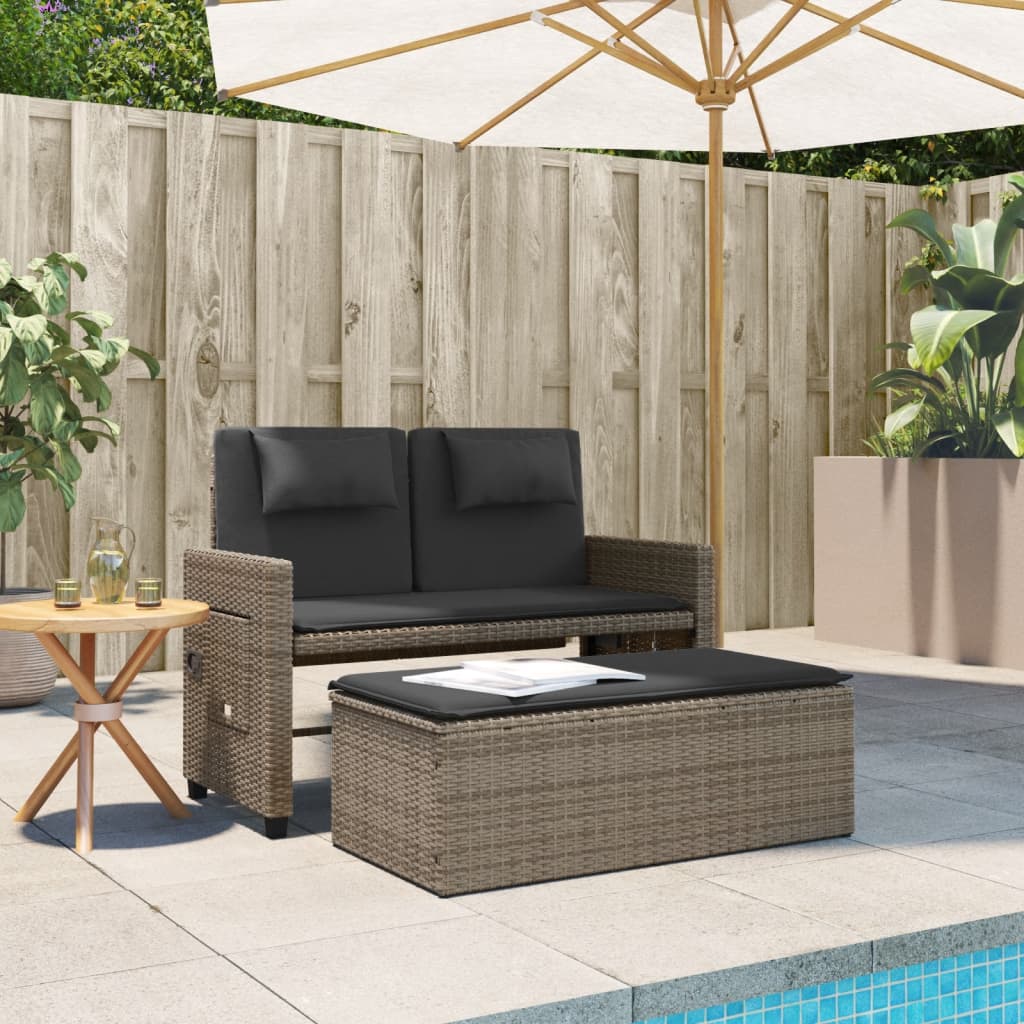 Tuinbankje verstelbaar met kussens poly rattan grijs