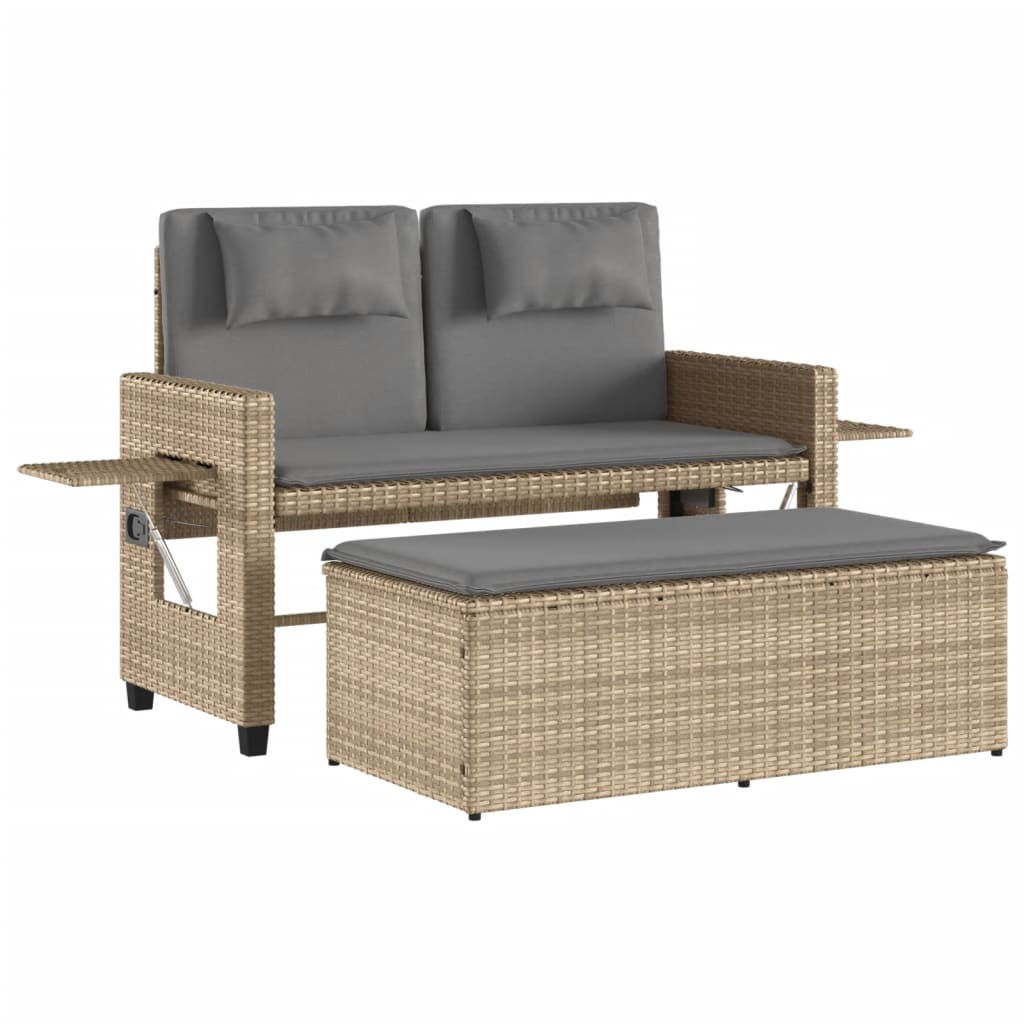 Tuinbankje verstelbaar met kussens poly rattan beige