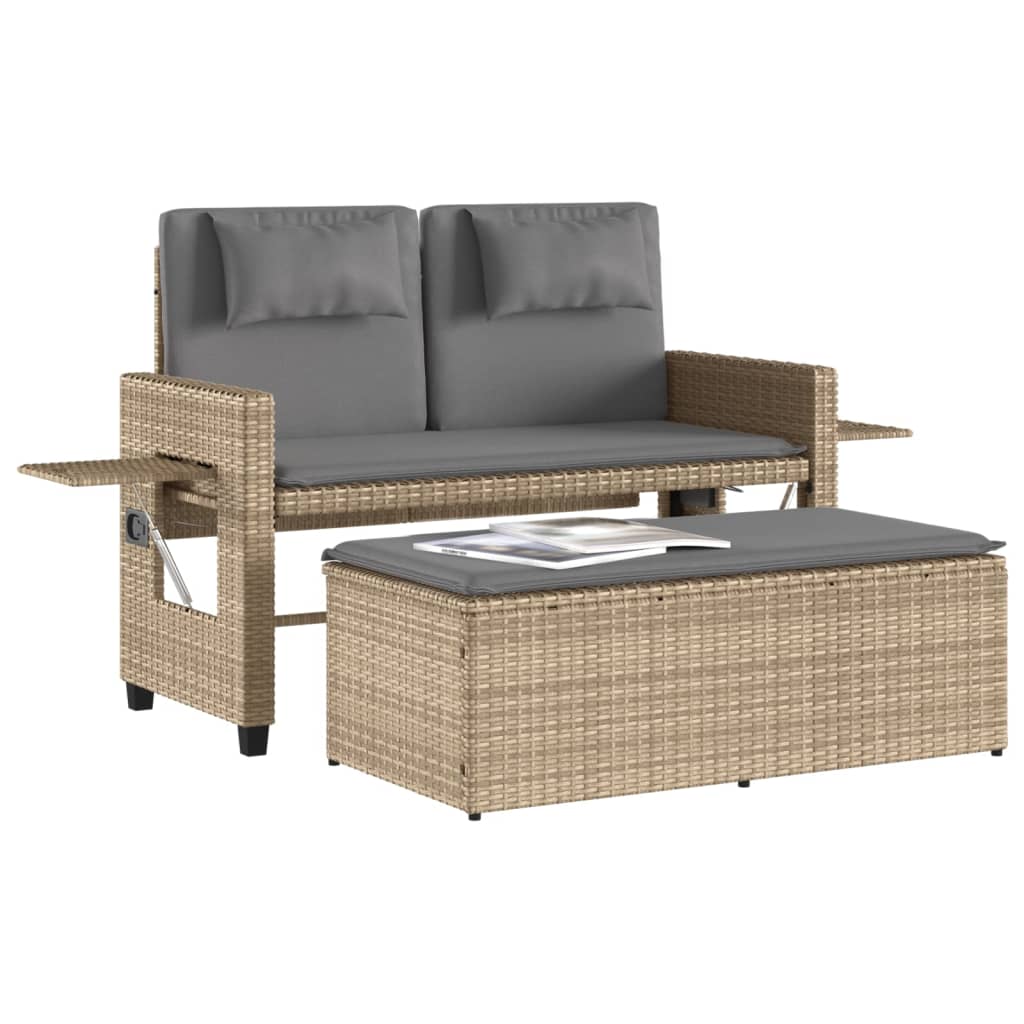 Tuinbankje verstelbaar met kussens poly rattan beige