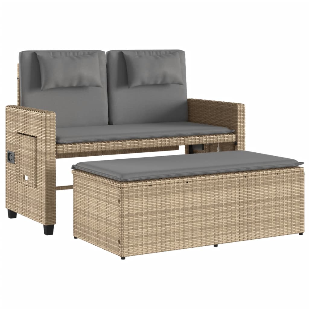 Tuinbankje verstelbaar met kussens poly rattan beige