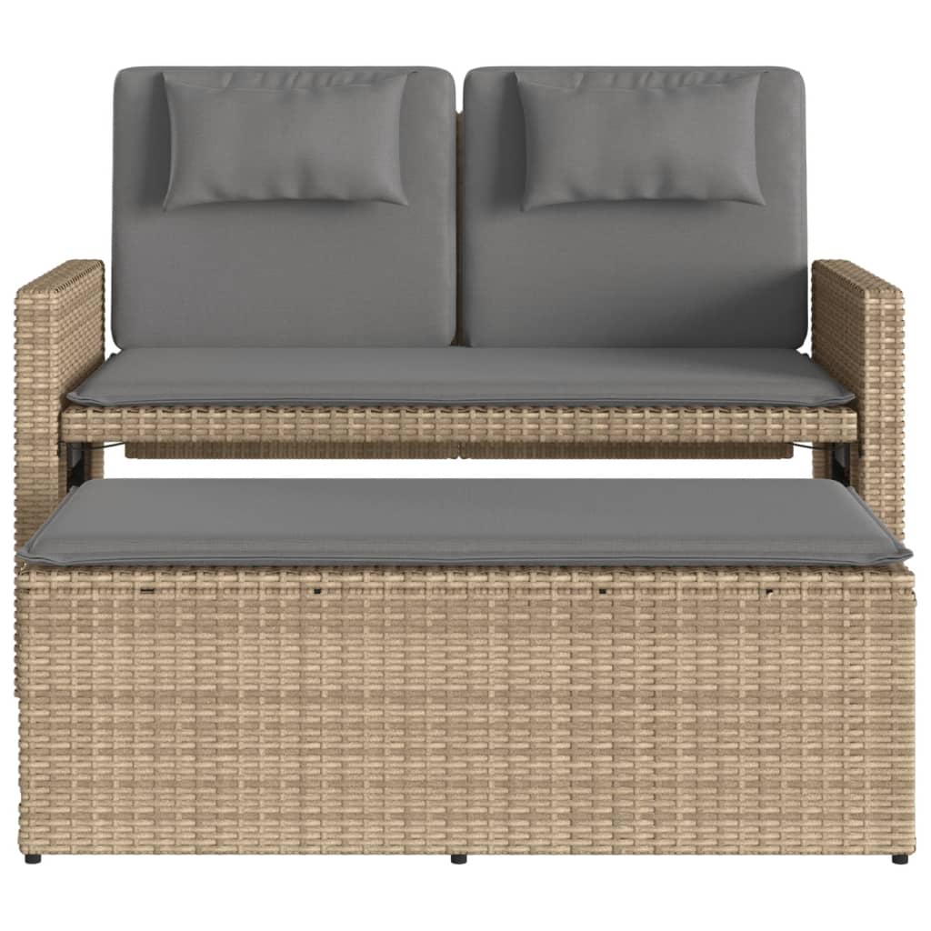 Tuinbankje verstelbaar met kussens poly rattan beige