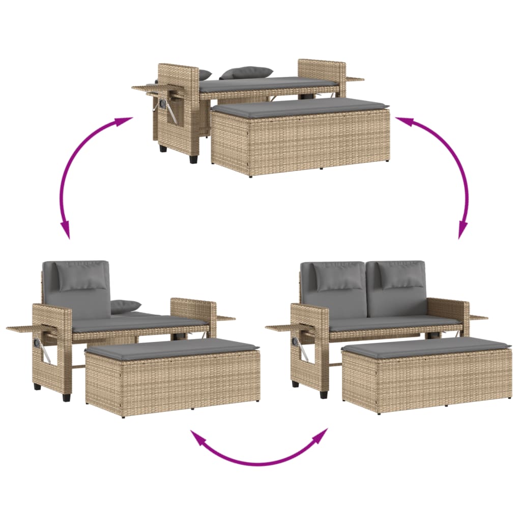 Tuinbankje verstelbaar met kussens poly rattan beige