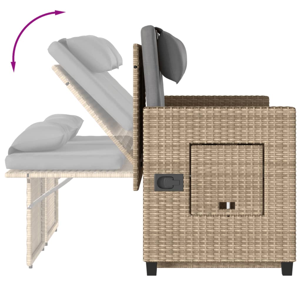 Tuinbankje verstelbaar met kussens poly rattan beige