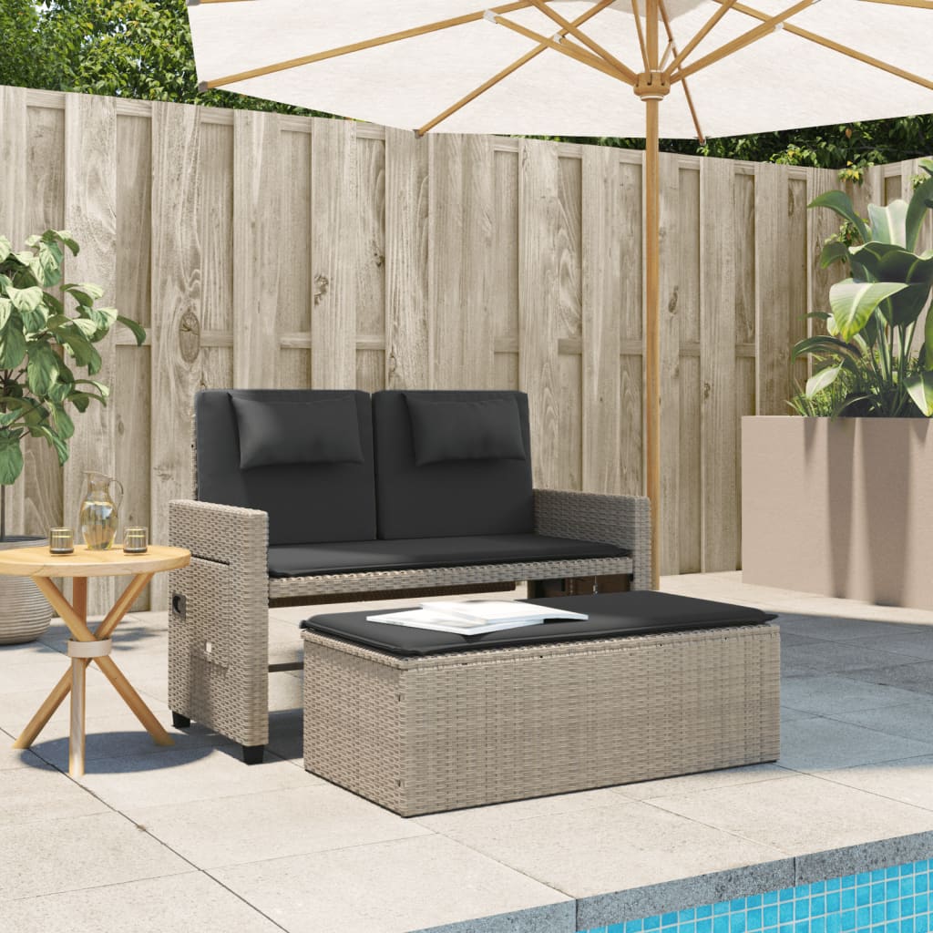Tuinbankje verstelbaar met kussens poly rattan lichtgrijs