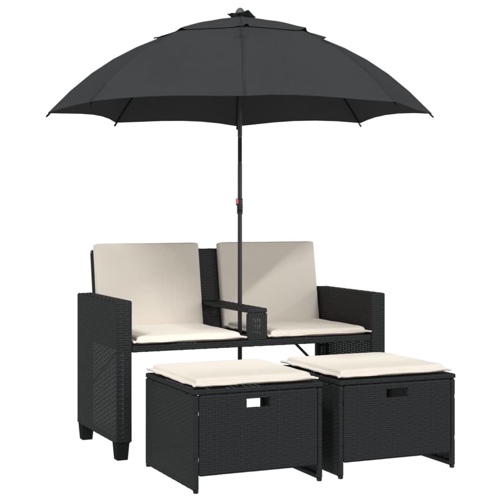 Tuinbank 2-zits met parasol en voetenbanken poly rattan zwart