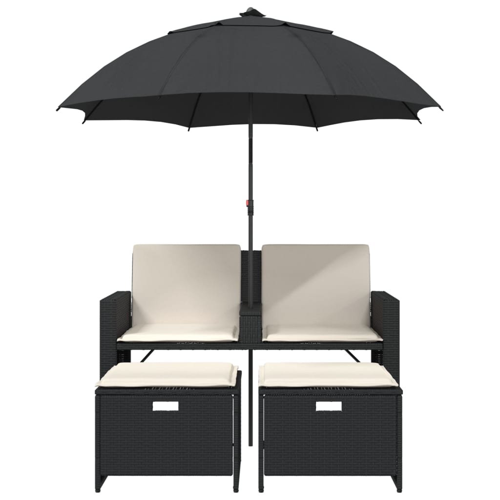 Tuinbank 2-zits met parasol en voetenbanken poly rattan zwart