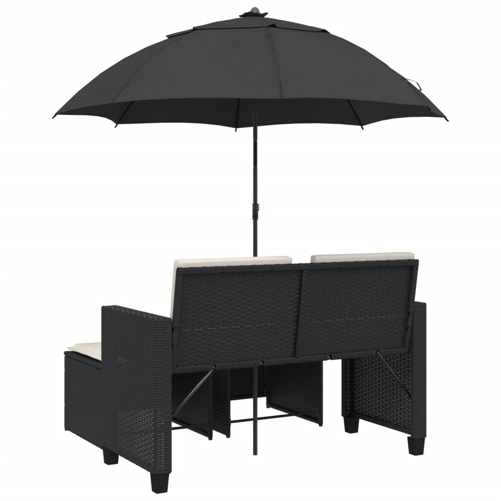 Tuinbank 2-zits met parasol en voetenbanken poly rattan zwart