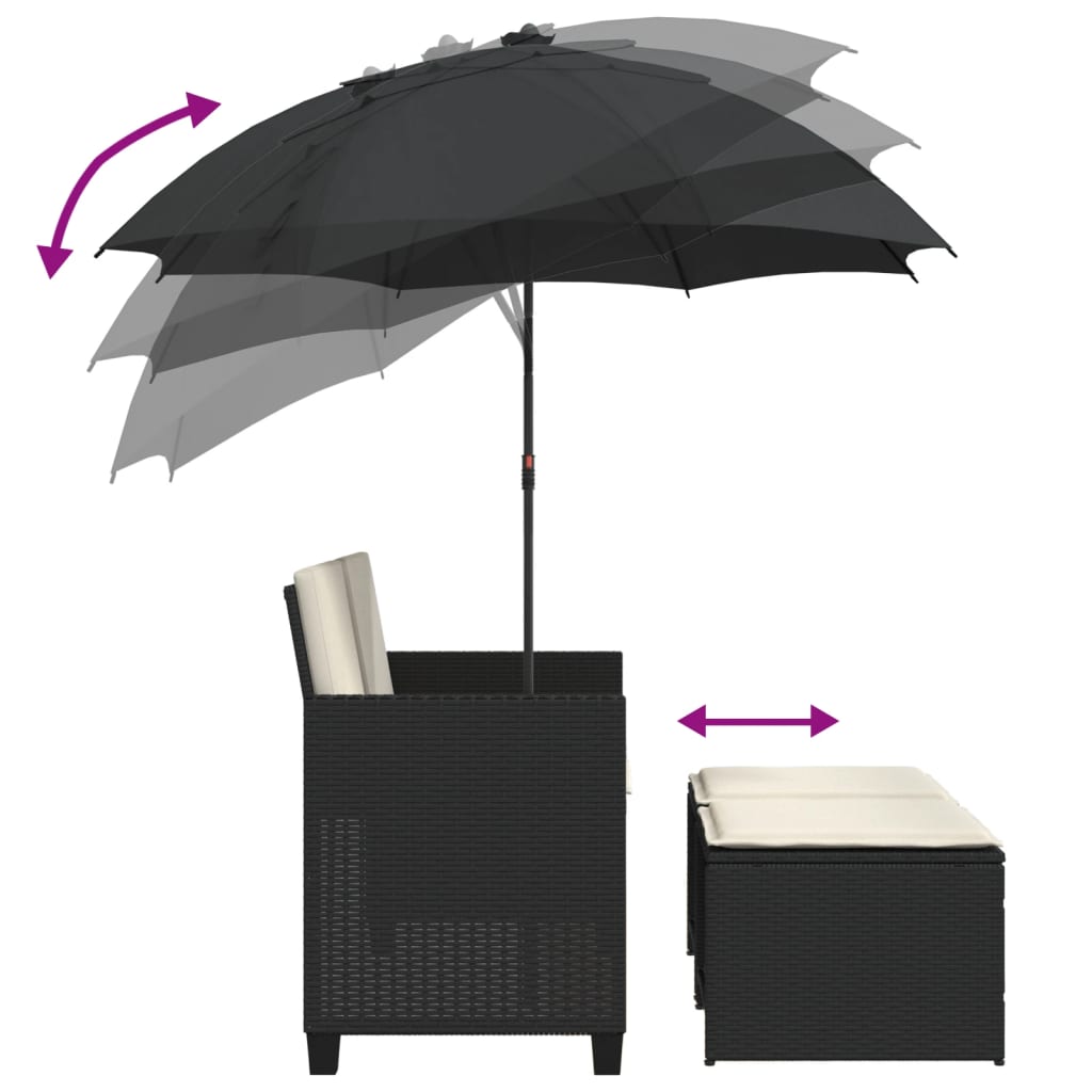 Tuinbank 2-zits met parasol en voetenbanken poly rattan zwart
