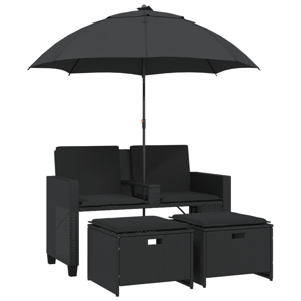 Tuinbank 2-zits met parasol en voetenbanken poly rattan zwart