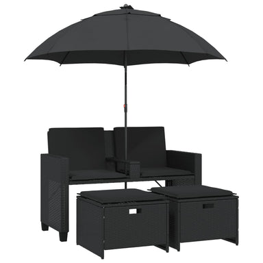 Tuinbank 2-zits met parasol en voetenbanken poly rattan zwart