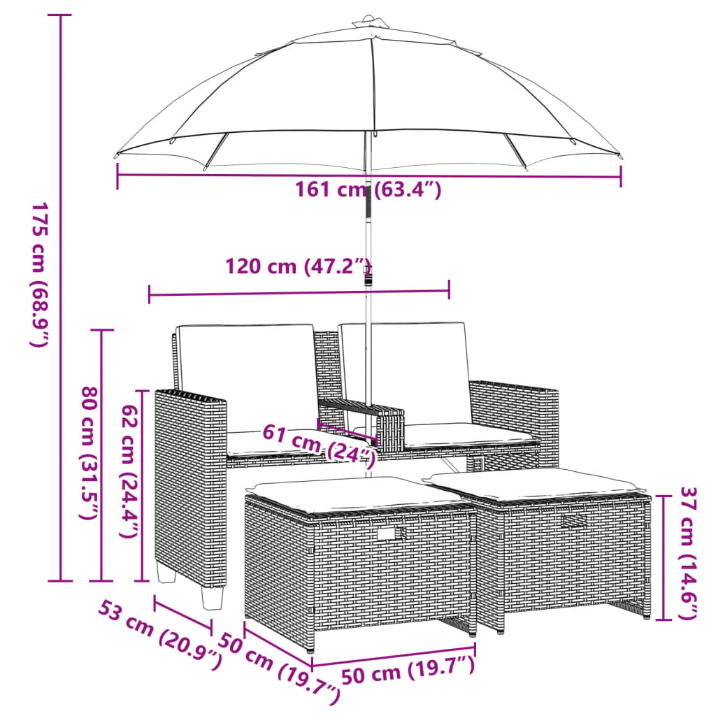 Tuinbank 2-zits met parasol en voetenbanken poly rattan zwart