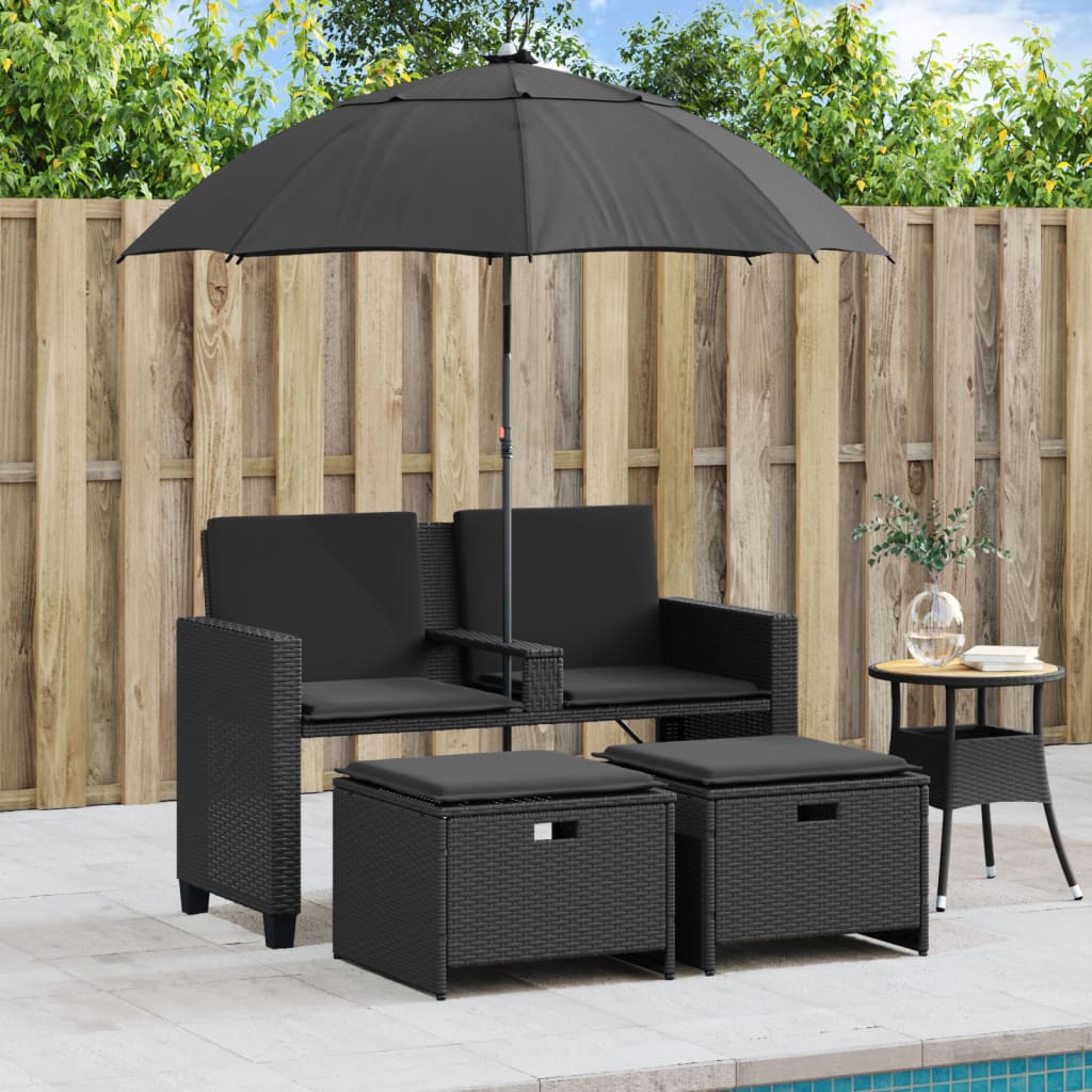 Tuinbank 2-zits met parasol en voetenbanken poly rattan zwart