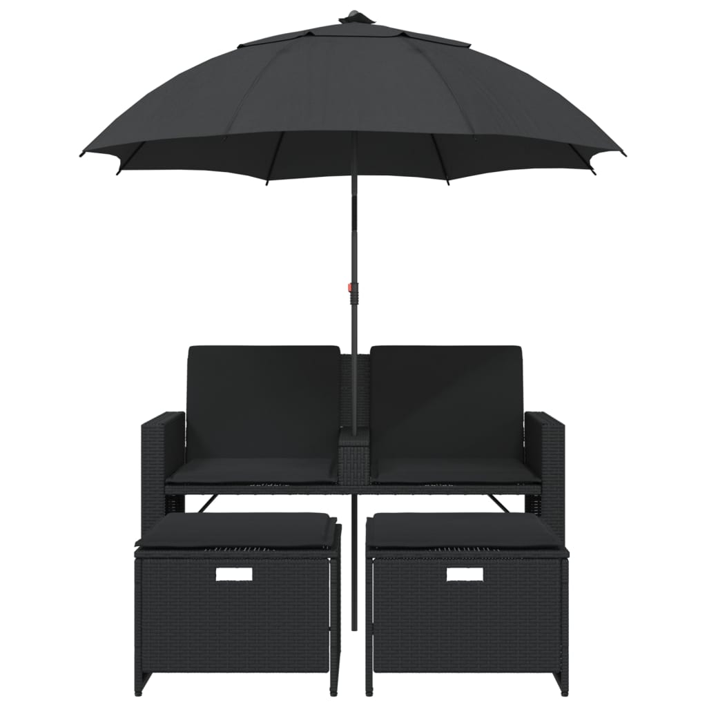 Tuinbank 2-zits met parasol en voetenbanken poly rattan zwart