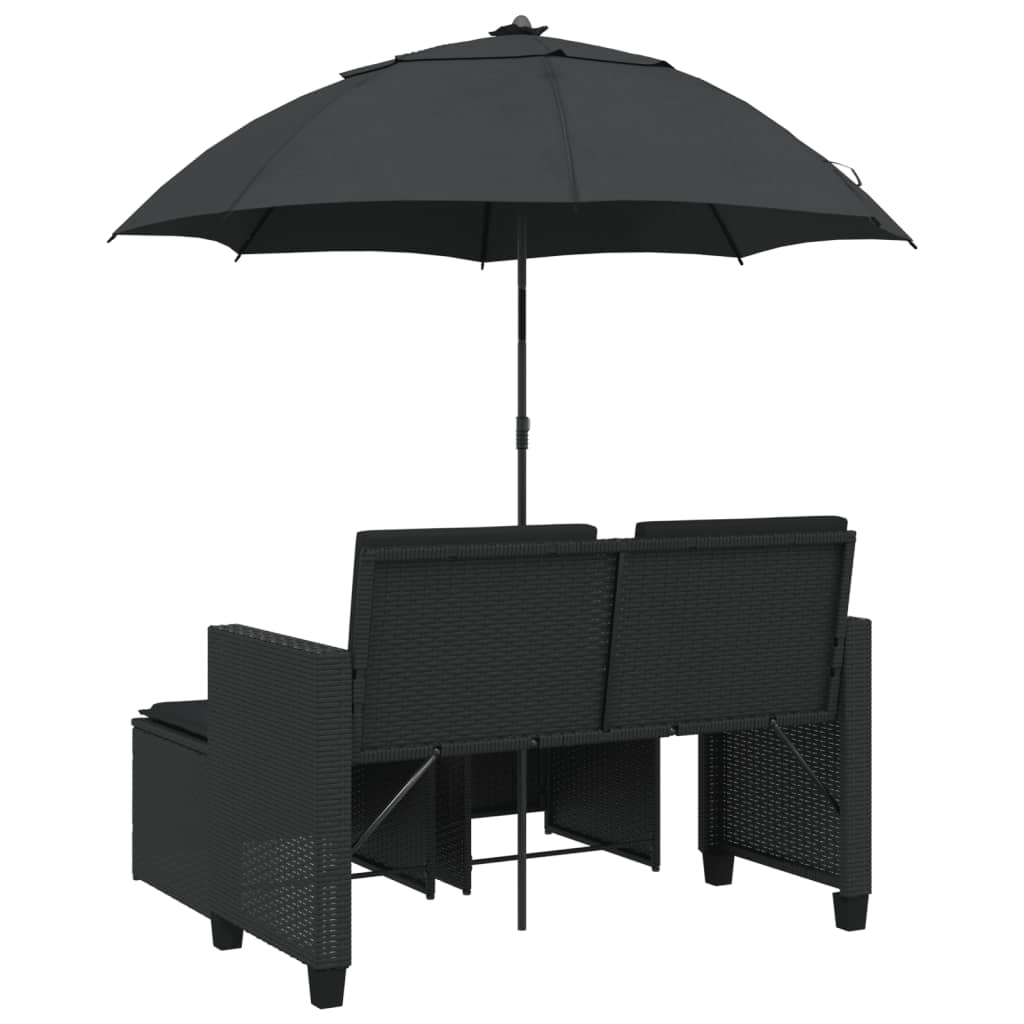 Tuinbank 2-zits met parasol en voetenbanken poly rattan zwart