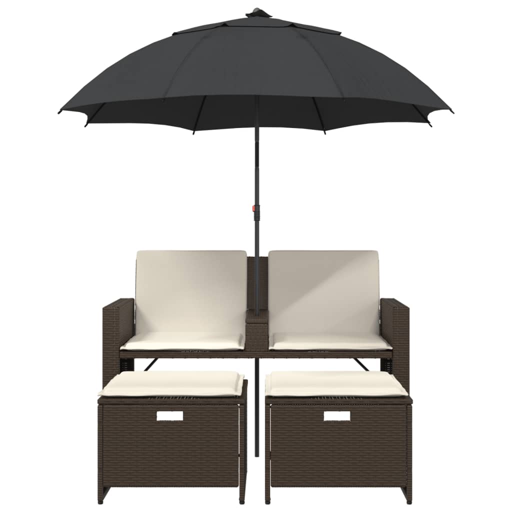 Tuinbank 2-zits met parasol en voetenbanken poly rattan bruin