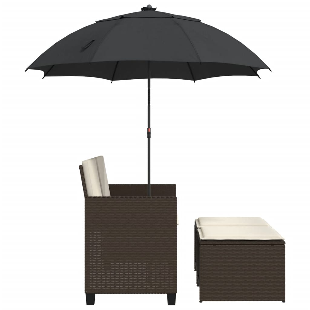 Tuinbank 2-zits met parasol en voetenbanken poly rattan bruin
