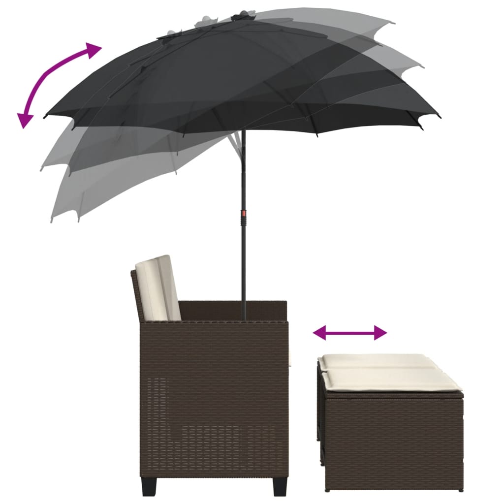 Tuinbank 2-zits met parasol en voetenbanken poly rattan bruin