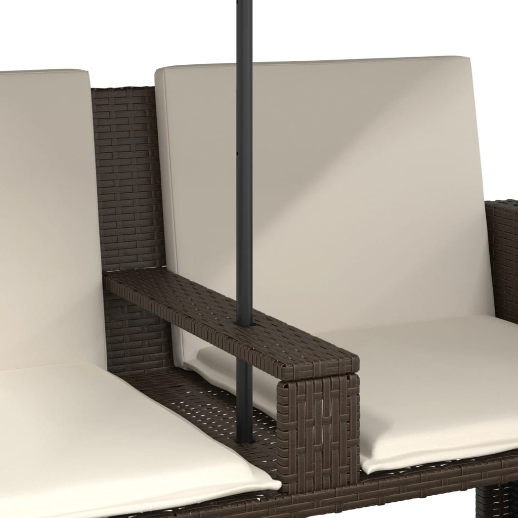Tuinbank 2-zits met parasol en voetenbanken poly rattan bruin