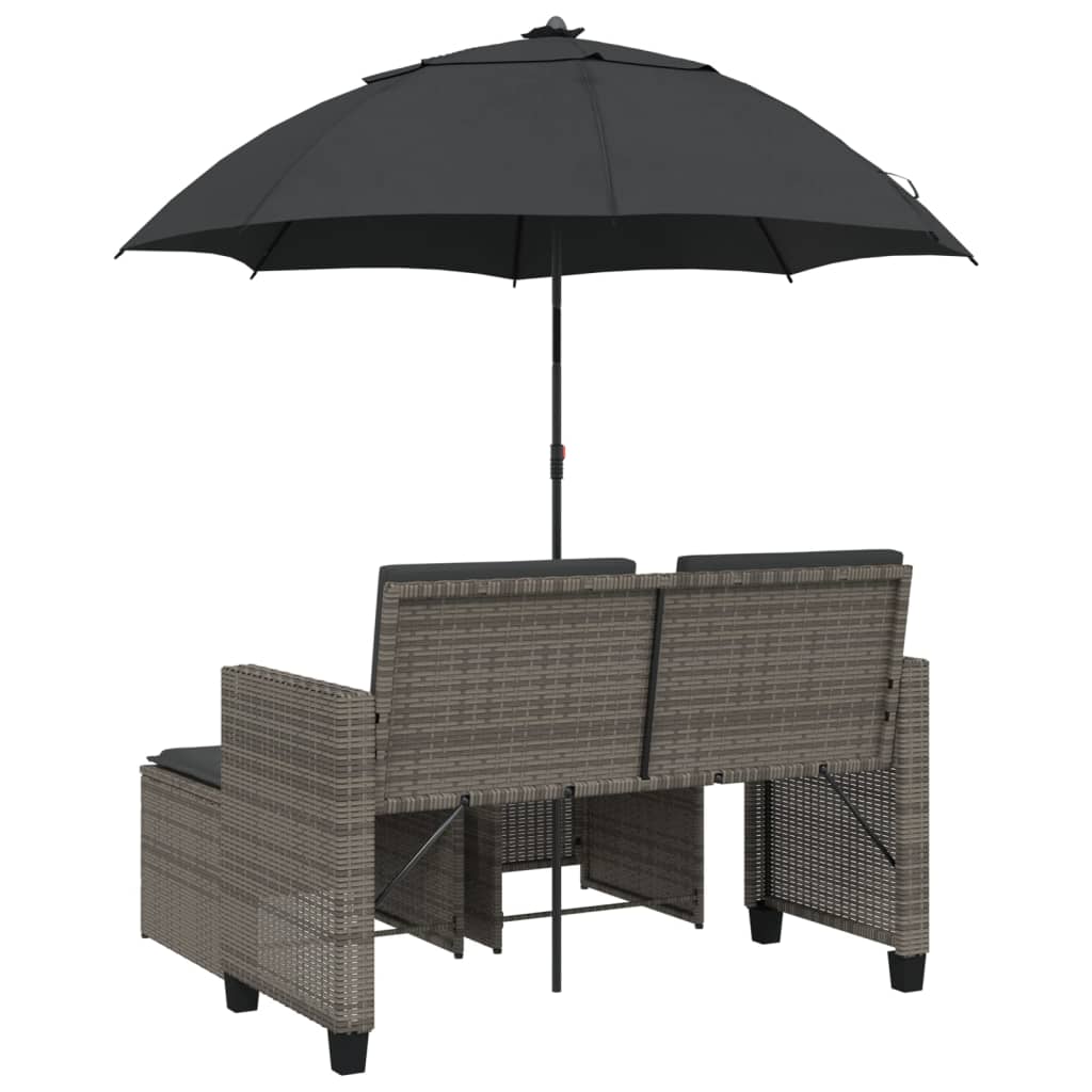 Tuinbank 2-zits met parasol en voetenbanken poly rattan grijs